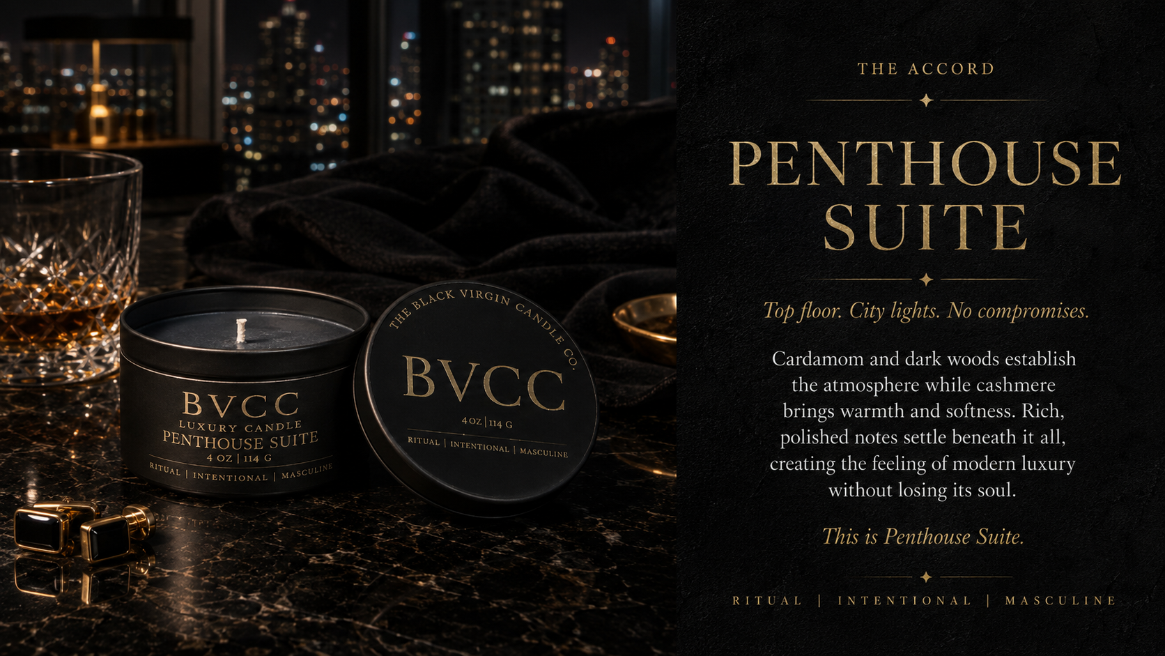 A black candle in a black jar labeled 'BVCC Luxury Candle Penthouse Suite,' with a black lid beside it. Next to the candle is a patterned glass tumbler filled with amber-colored liquid, and a pair of gold cufflinks. The background shows a night cityscape view through large windows, creating an elegant, luxurious ambiance.