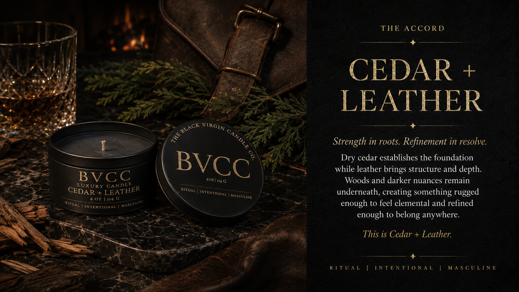 A black candle labeled 'BVCC Luxury Candle Cedar + Leather' with a candle wick, placed on a dark marble surface, alongside a glass of whiskey, greenery, and a leather strap, with a black background featuring textured design and text describing the candle's scent and qualities.