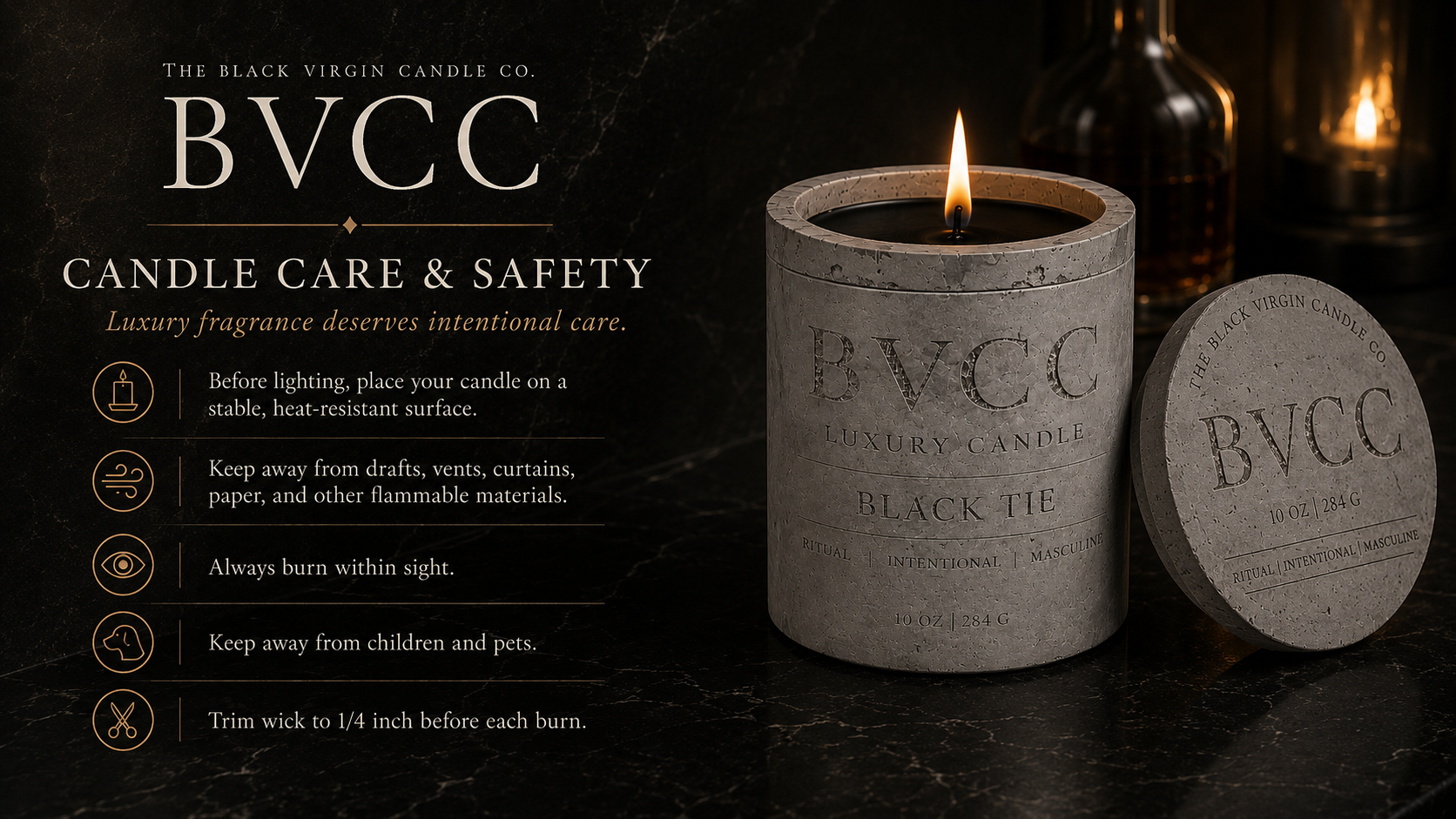 A promotional image for The Black Virgin Candle Co. showing a black candle in a concrete container with a lit flame, and instructions for candle safety and care. The image has a dark background with gold text and icons.