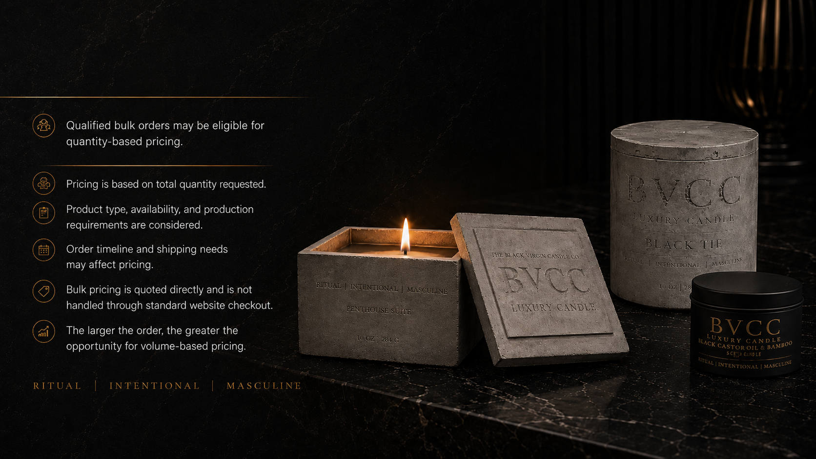 A candle in a concrete holder with the words BVCC LUXURY CANDLE, a closed black container labeled BVCC LUXURY CANDLE with black castor oil and bamboo, a round concrete container, and a lit candle in a square concrete holder on a black marble surface. Text on the left explains bulk order pricing policies for luxury candles.