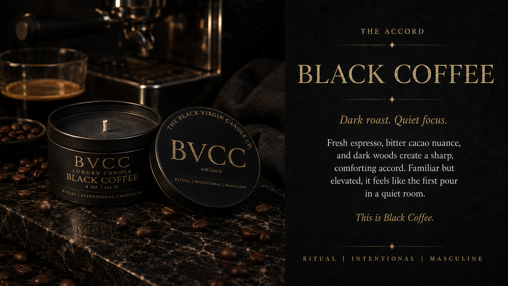 A black candle labeled 'BVCC Luxury Candle Black Coffee' on a dark marble surface, surrounded by scattered coffee beans, with an espresso machine and a glass of coffee in the background. The right side features text describing black coffee, its aroma, and flavor profile.