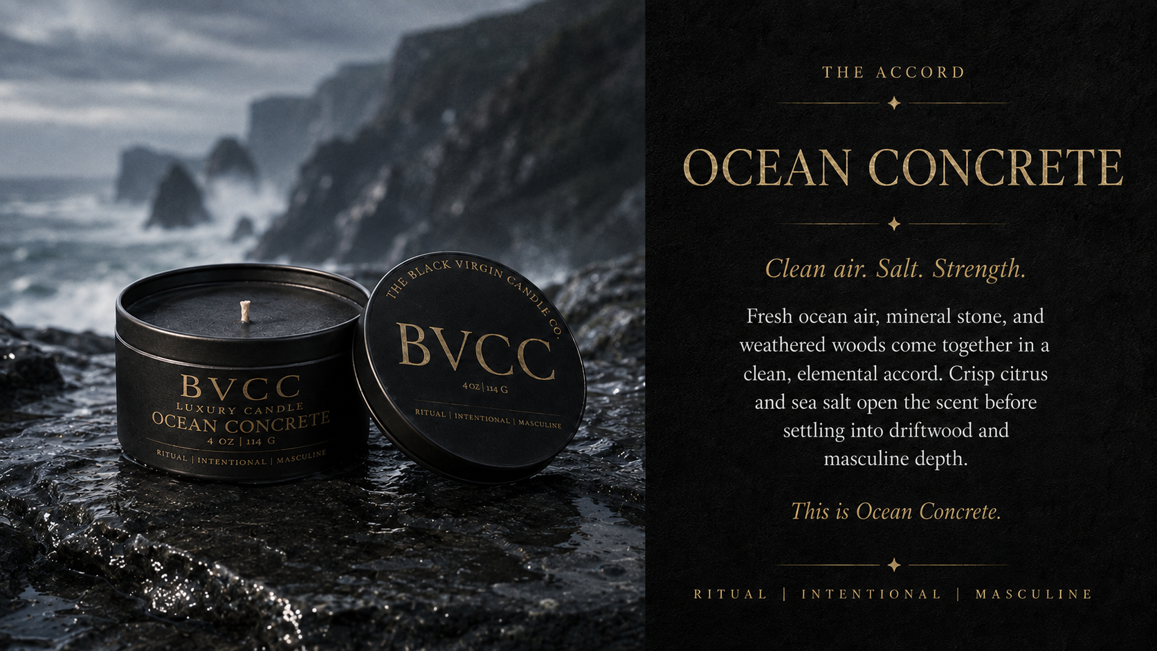 A black candle labeled 'Ocean Concrete' from The Black Virgin Candle Co., placed on wet black rocks near the ocean with cliffs in the background, accompanied by product description emphasizing clean air, salt, strength, and masculine ritual intent.