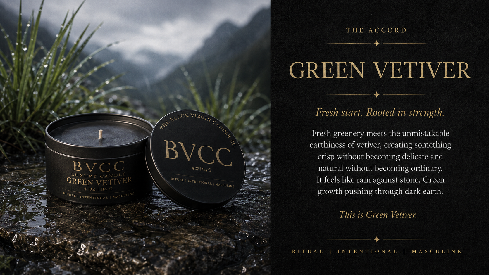 A black candle labeled 'Green Vetiver' from BVCC, placed on a wet stone surface with water droplets and green grass in the background, next to a black lid with the BVCC logo and additional product details.