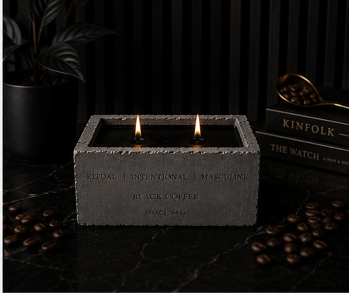 A black coffee candle with two flames in a stone-like container, surrounded by scattered coffee beans on a dark surface, with a potted plant and a stack of books in the background.