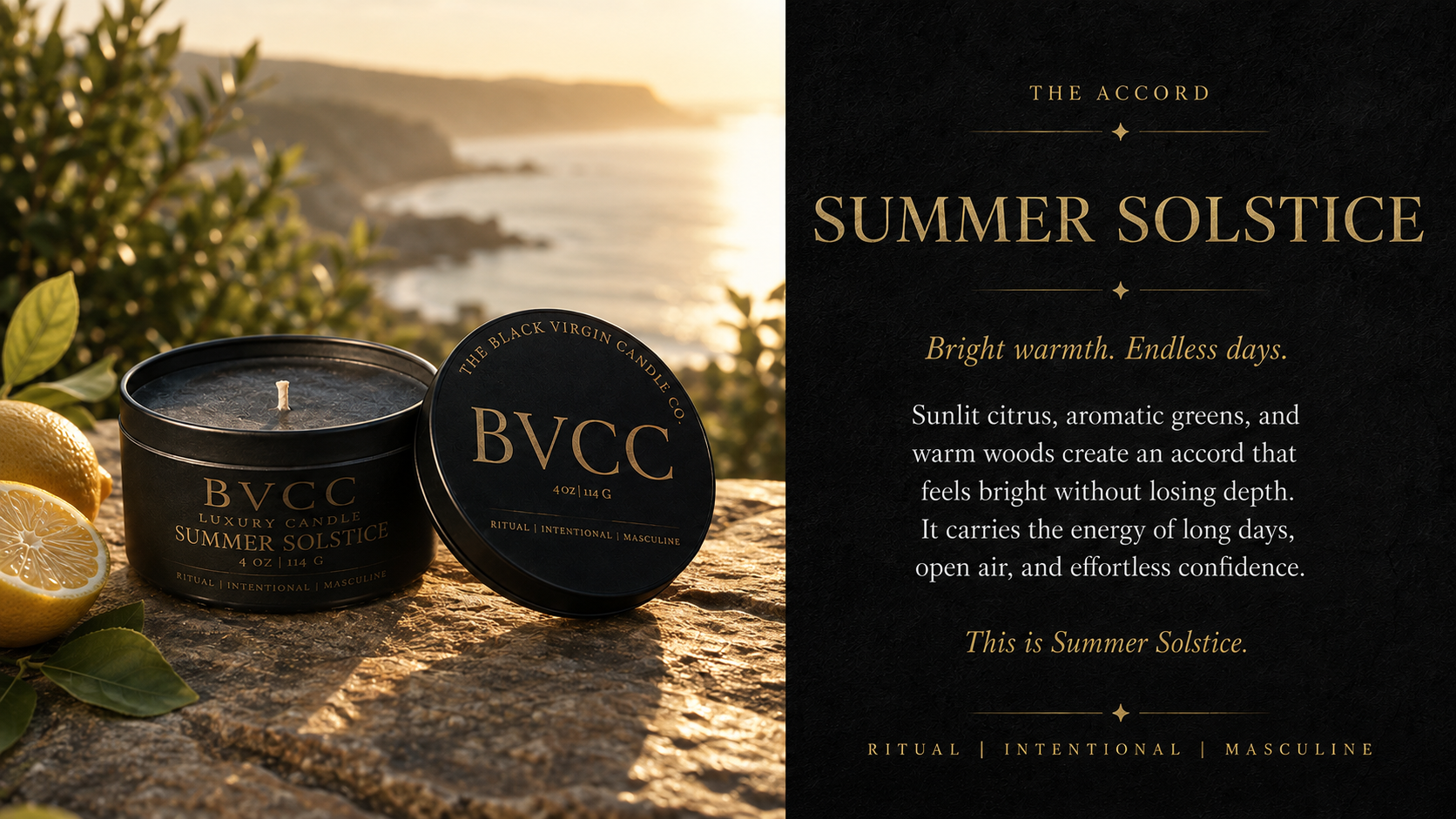 A black candle labeled "Summer Solstice" from BVCC, placed outdoors on a rocky surface with lemons and green leaves, during sunset, with a scenic ocean view in the background.