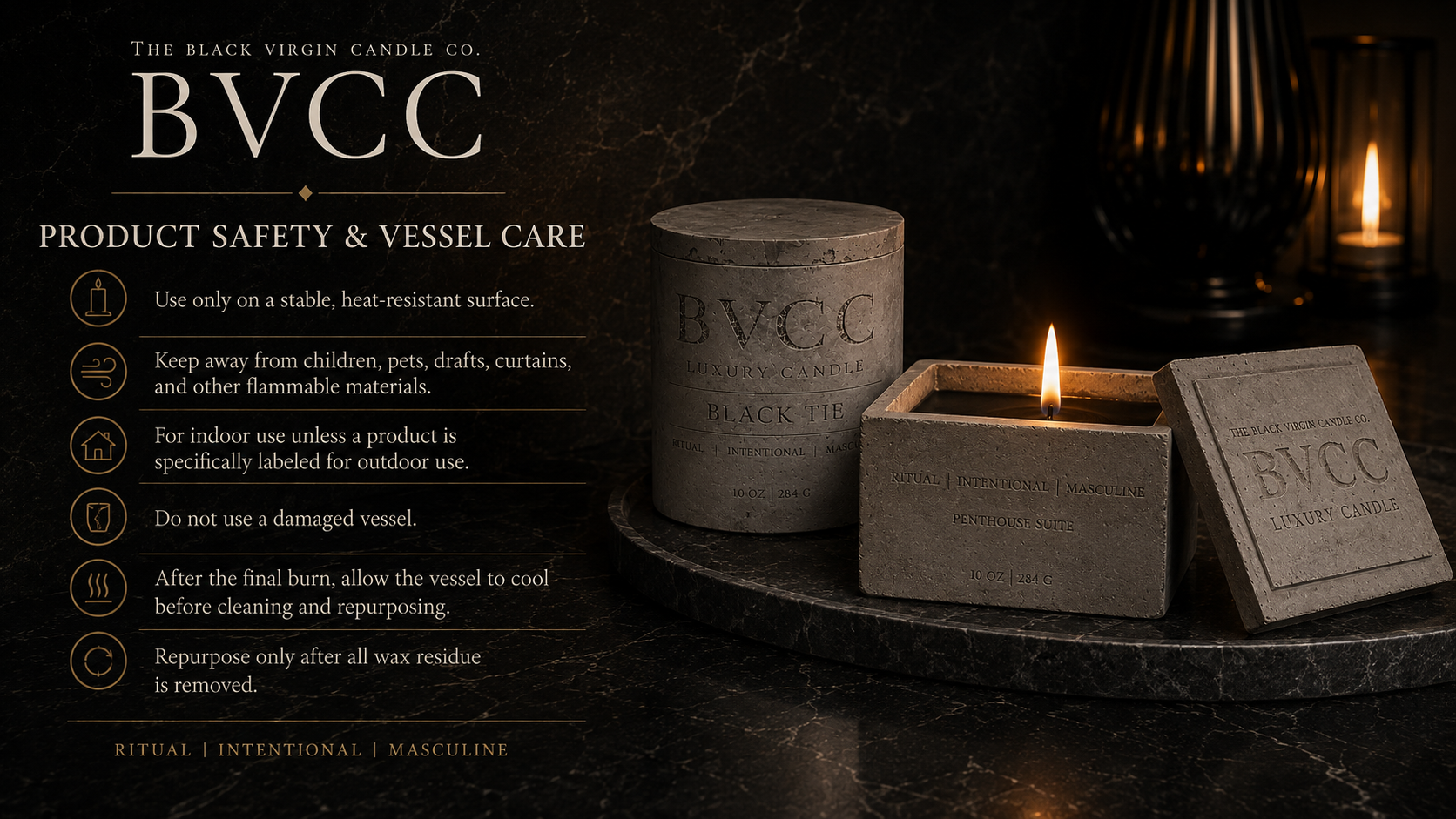 Product safety and vessel care instructions for BVCC luxury candles, including warnings about surface heat, flammable materials, outdoor use, damaged vessels, and cooling before cleaning, displayed alongside three concrete candle vessels and a lit candle.