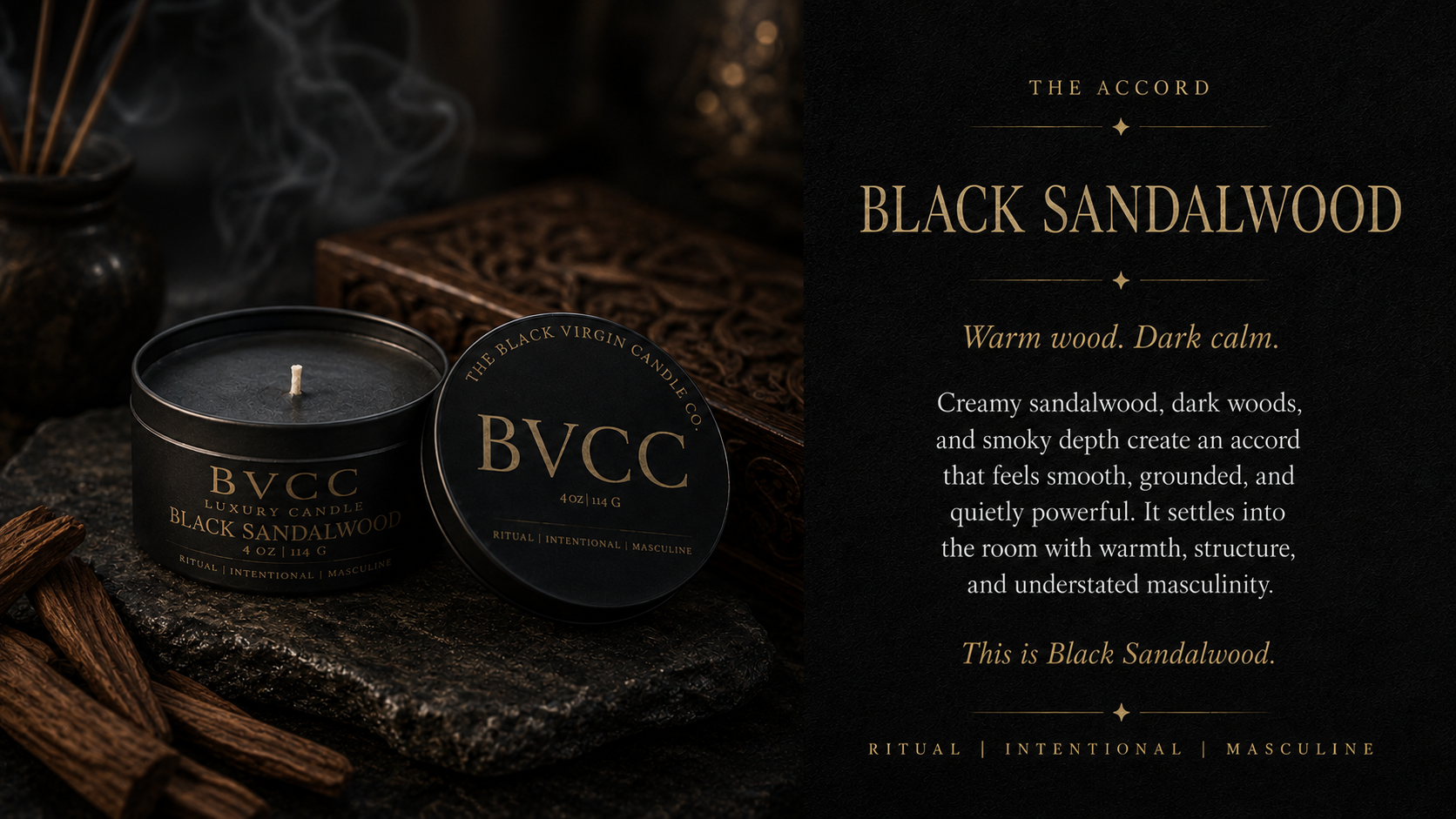 A lit black candle labeled 'Black Sandalwood' on a textured dark surface, with a lid to the right, surrounded by pieces of black sandalwood, in a dark, moody setting.