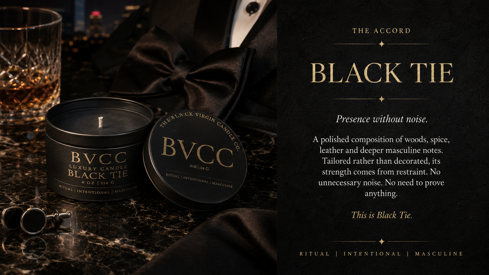 A candle in a black container labeled "BVCC Luxury Candle Black Tie" and a small round tin with similar labeling on a dark, glossy surface. A glass of whiskey and a black satin bow tie are in the background, with a cityscape visible through a window.