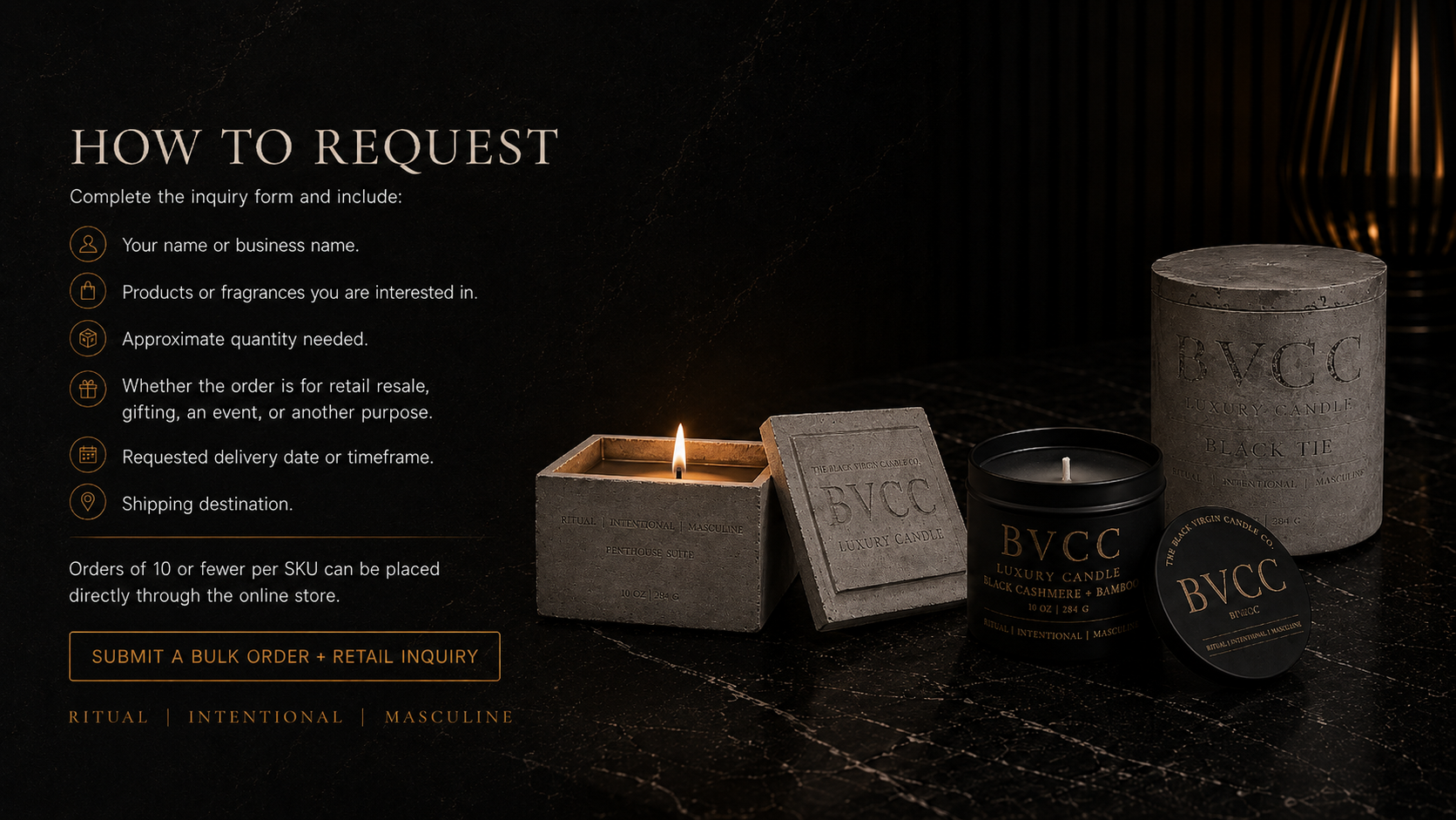Dark background with gold accents, features candles in gray and black containers with labels reading 'BVCC Luxury Candle' and 'Black Tie.' Text on the left provides instructions for requesting candles, including personal details, product interest, quantity, purpose, delivery date, and shipping destination, with a button to submit a bulk order and retail inquiry.