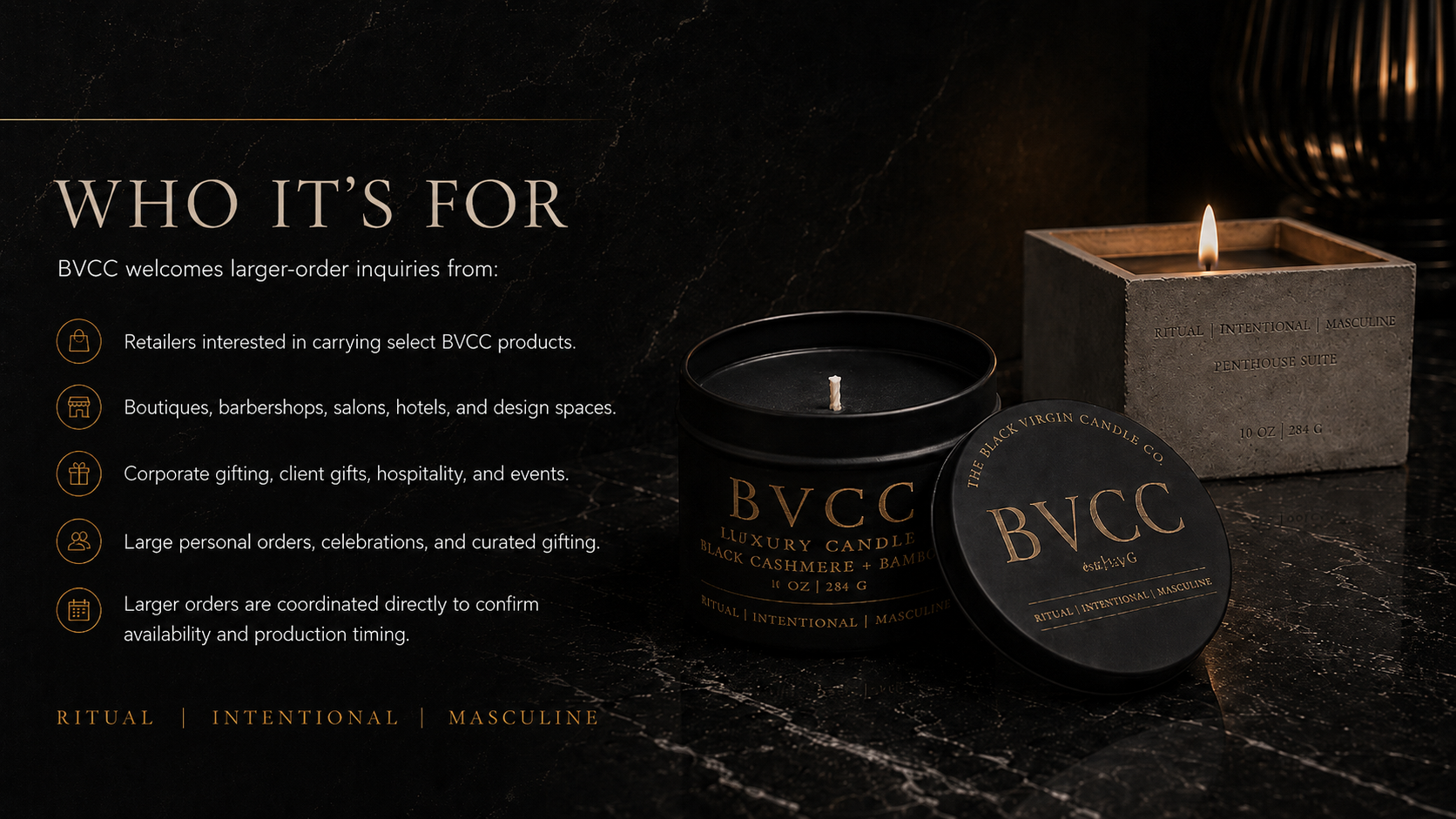 A dark, elegant image featuring three candles with black and gold packaging, placed on a black marble surface. The left side contains text about large-order inquiries, and the right side shows the candles, one in a black container labeled BVCC and another in a concrete holder.