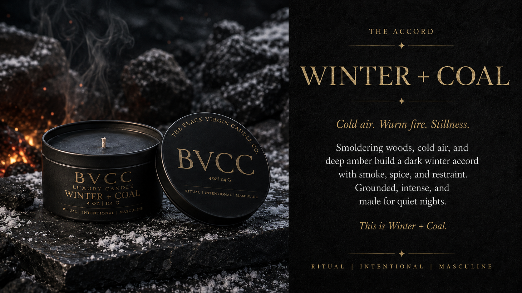 A black candle labeled 'Winter + Coal' by The Black Virgin Candle Co. sits on a rocky surface near a small fire with smoke rising. To the right, a black background features gold text describing the candle's winter scent and inspiration.