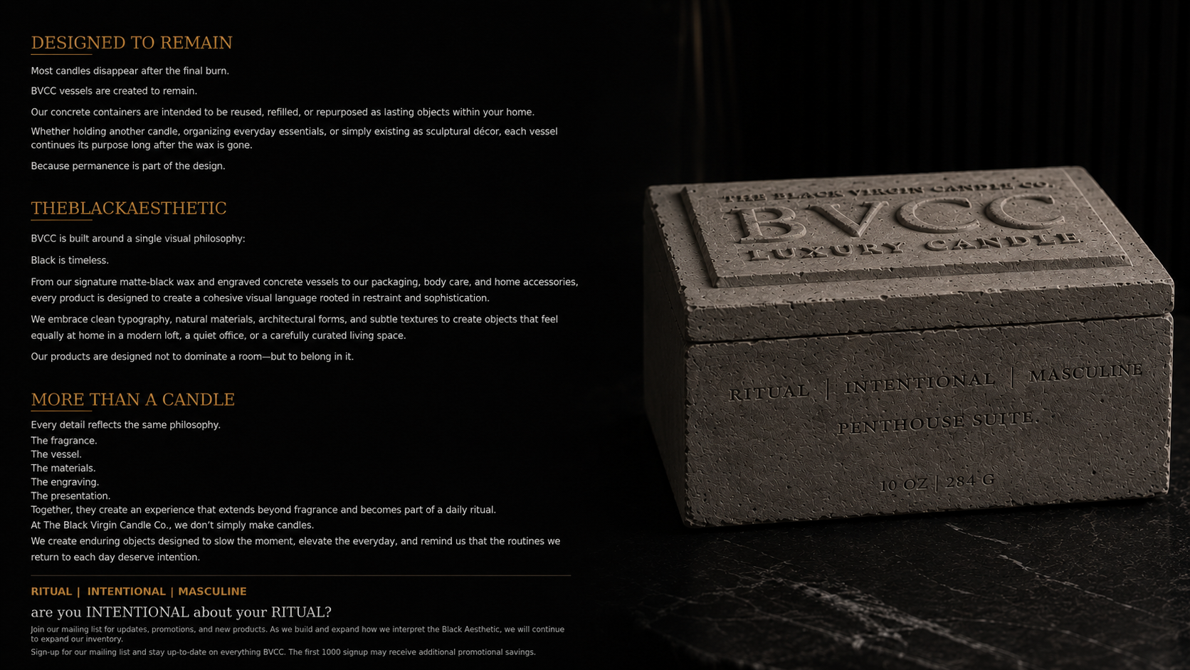 A rectangular concrete candle holder with textured surface and engraved text, reading "BVCC Luxury Candle" and "Ritual | Intentional | Masculine" on the side, placed on a dark surface.