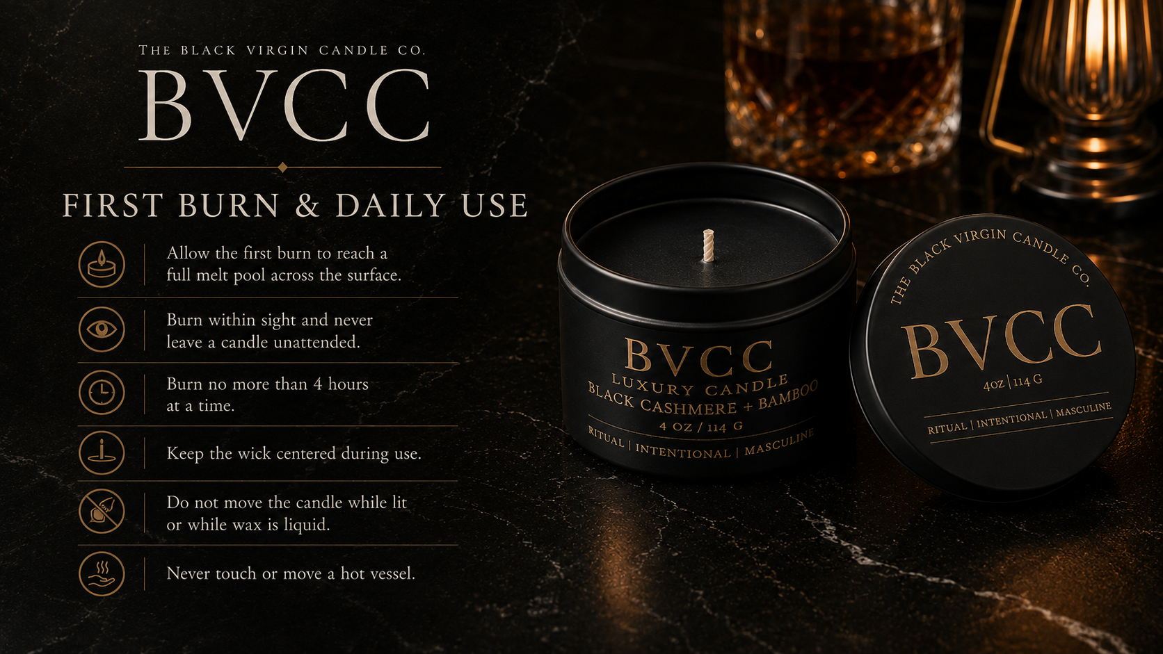 Image showing a black candle labeled BVCC luxury candle, black cashmere and bamboo scent, 4 oz, with instructions for first burn and daily use, placed on a dark marble surface with nearby glasses or decanters.