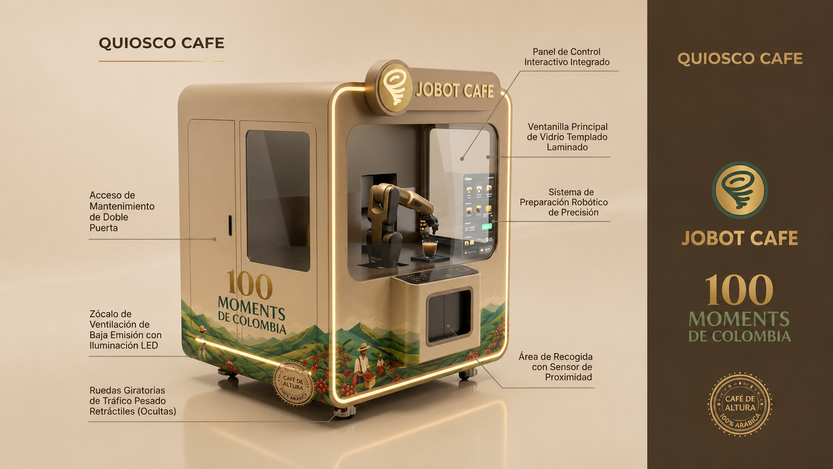 Máquina automática de café llamada Jobot Café con pantalla táctil, brazo robotic y puerta de acceso, decorada con un paisaje de plantaciones de café en Colombia y el logotipo de 100 Moments de Colombia.