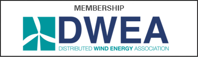 Logo de la Asociación de Energía Eólica Distribuida (DWEA) con palabras en inglés y un símbolo abstracto en tonos verdes y azules