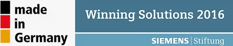 Logotipo con texto 'Made in Germany' y 'Winning Solutions 2016' por Siemens Stiftung