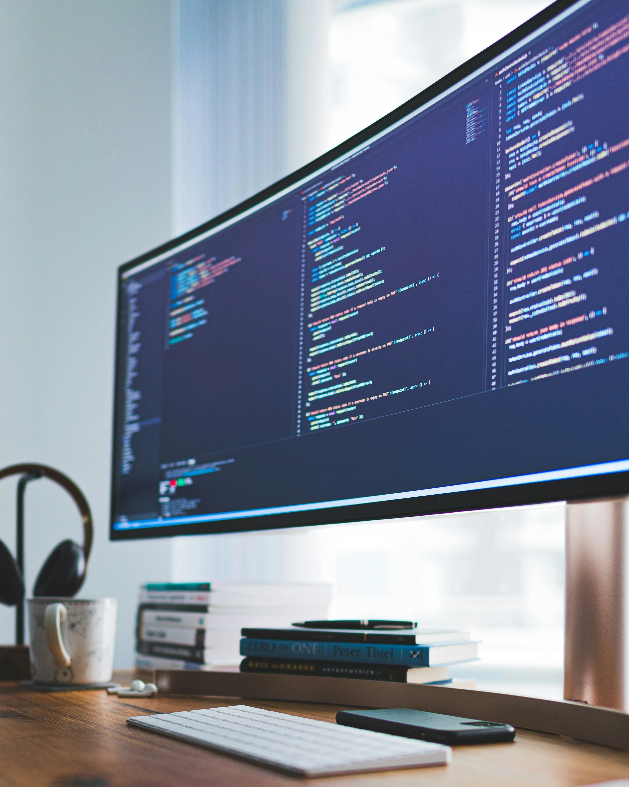 Una pantalla de computadora con código de programación. En el escritorio, hay libros apilados, un teclado, un mouse y una taza con una palabra parcialmente visible. Hay una libreta y algunos objetos pequeños en el escritorio.