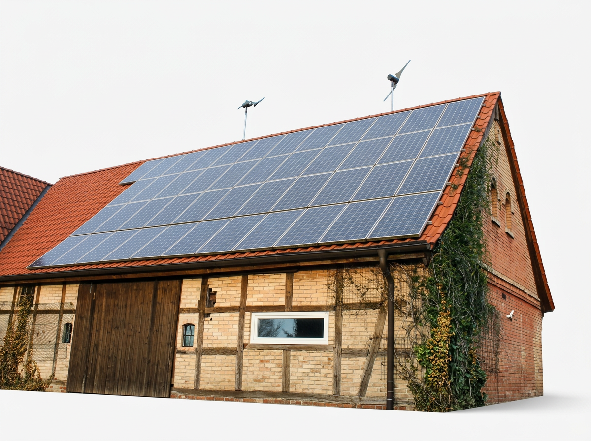 Casa con paneles solares en el tejado y dos aerogeneradores, rodeada de vegetación.
