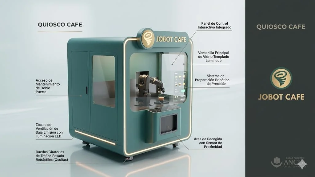 Diagrama de un robot cafetero llamado Jobot Cafe, que muestra componentes como control interactivo, pantalla de vidrio templado laminado, sistema de preparación robótica, área de recolección con sensor de proximidad, ruedas giratorias, acceso de mantenimiento y ventilación.