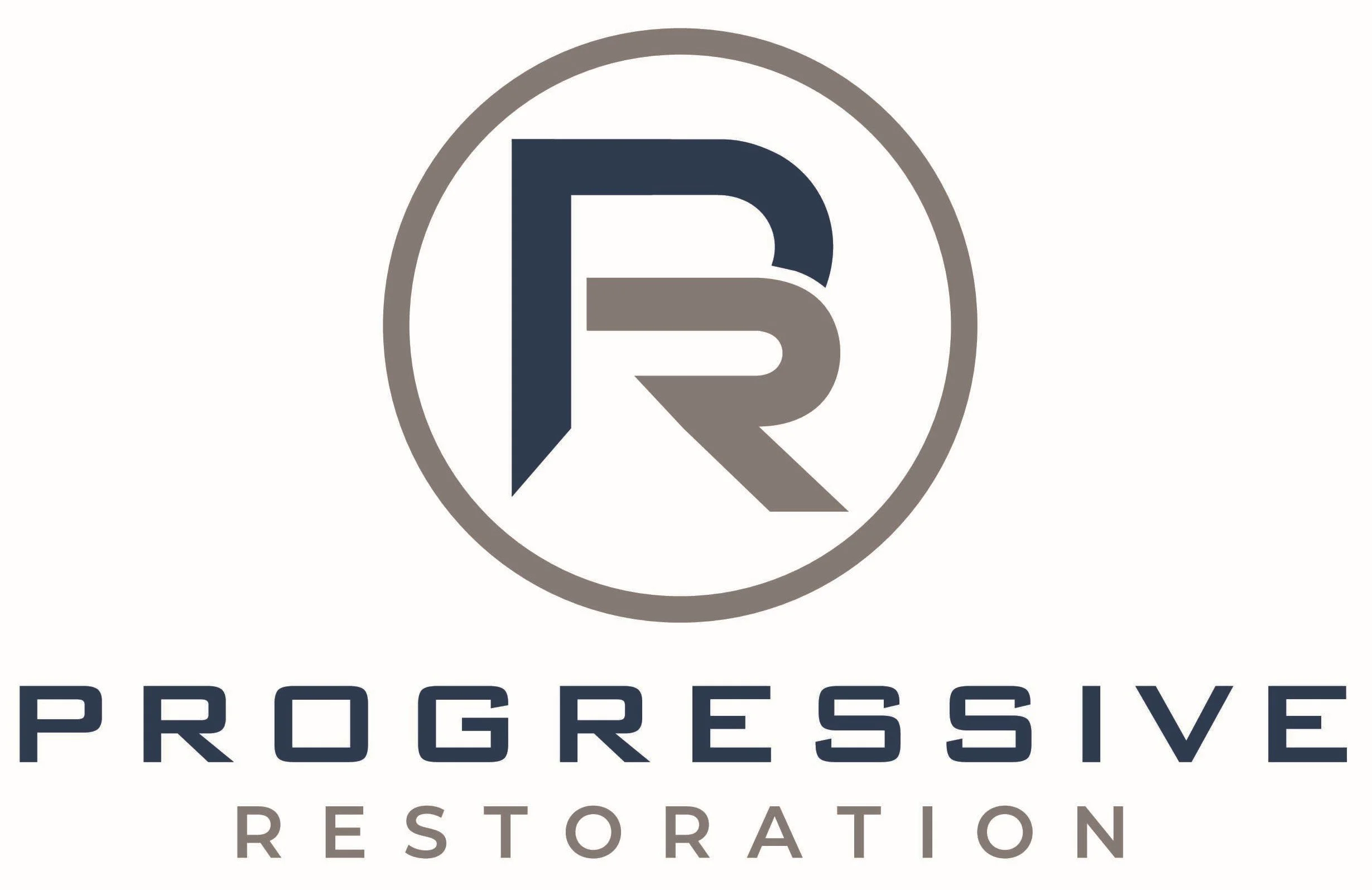 Progressive Restoration logo with a stylized letter 'P' and 'R' inside a circle, with the words 'PROGRESSIVE RESTORATION' underneath.