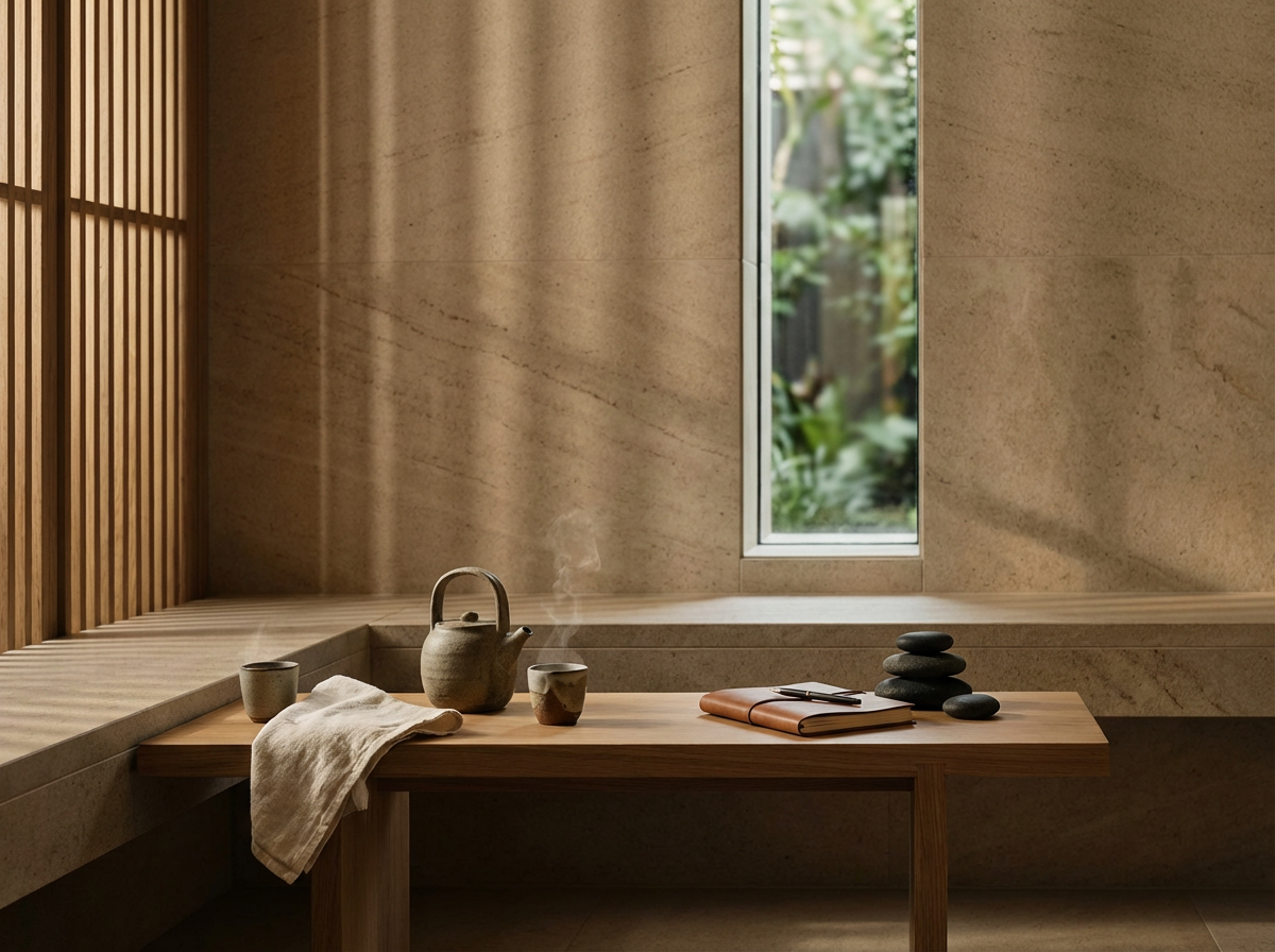 Minimalist tea setup with a kettle, cups, a towel, a brown notebook, a pen, and stacked stones on a wooden table near a window with outside greenery.