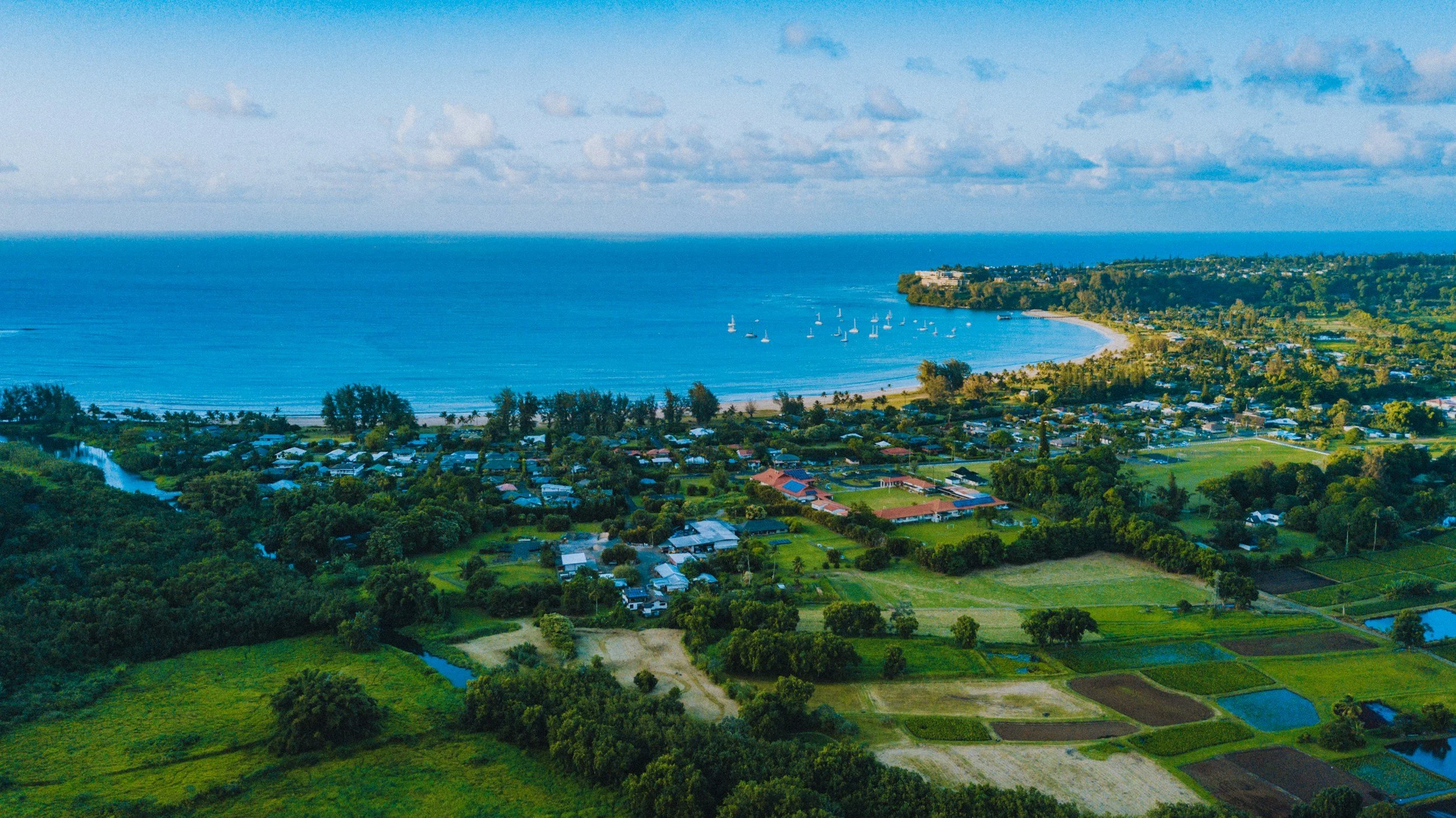 Hanalei Bay and green fields on Kauai.