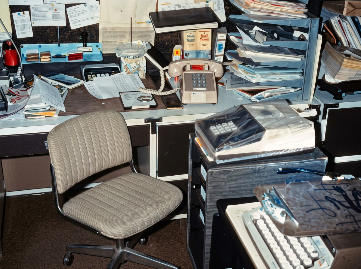 Cluttered office desk area with a beige office chair, stacks of papers and folders, a rotary dial telephone, various office supplies, and documents pinned on the wall behind.