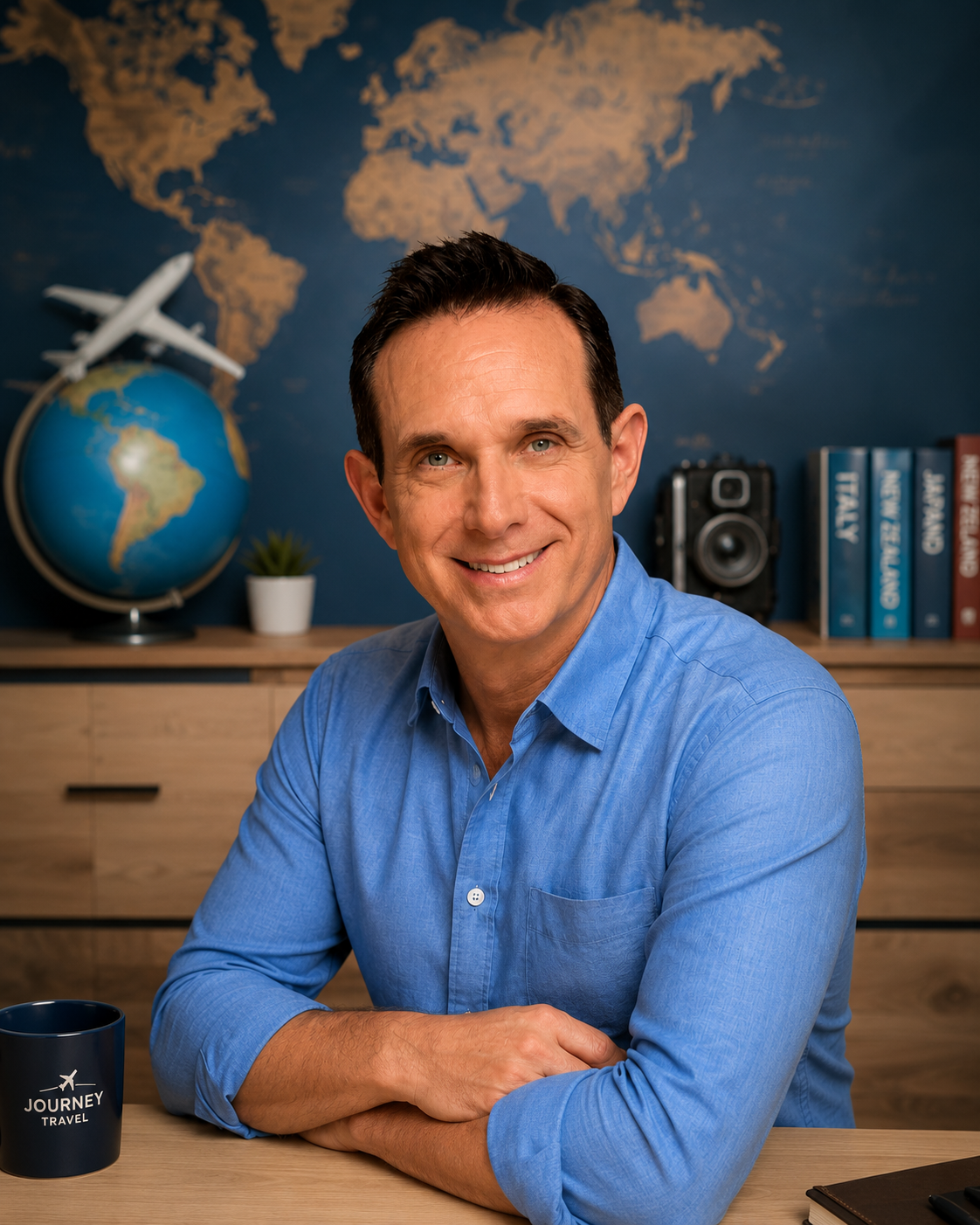 A smiling man in a blue shirt sitting at a desk with travel-themed decor behind him, including a globe, airplane model, and world map.
