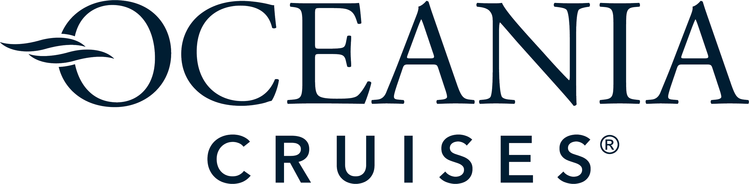 Logo for Oceania Cruises featuring the word 'Oceania' with a stylized wave design on the letter 'O', and the words 'Cruises' underneath.