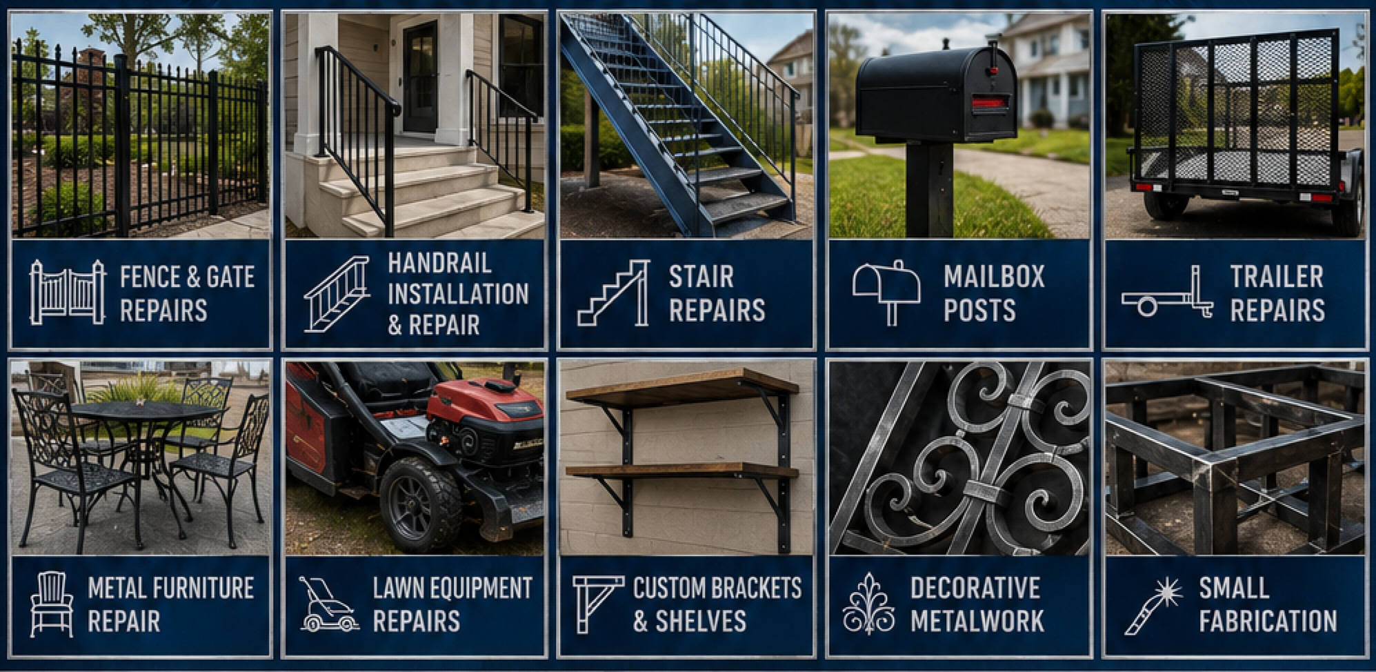 A selection of signs advertising various home and yard repair services such as fence and gate repairs, handrail installation and repair, stair repairs, mailbox posts, trailer repairs, metal furniture repair, lawn equipment repairs, custom brackets and shelves, decorative metalwork, and small fabrication.