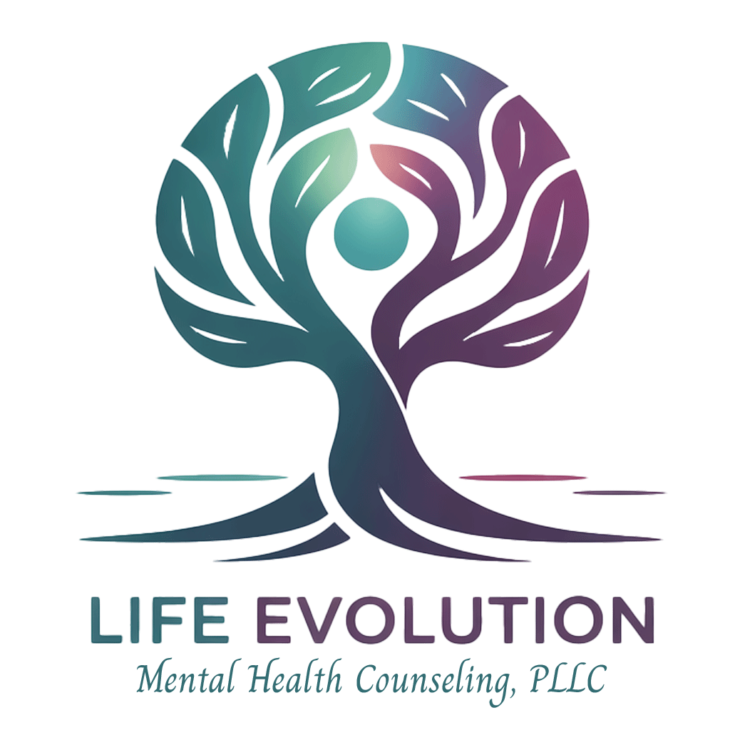 A stylized tree with multicolored leaves and a circular shape in the center, accompanied by the text "LIFE EVOLUTION" and the subtitle "Mental Health Counseling, PLLC".