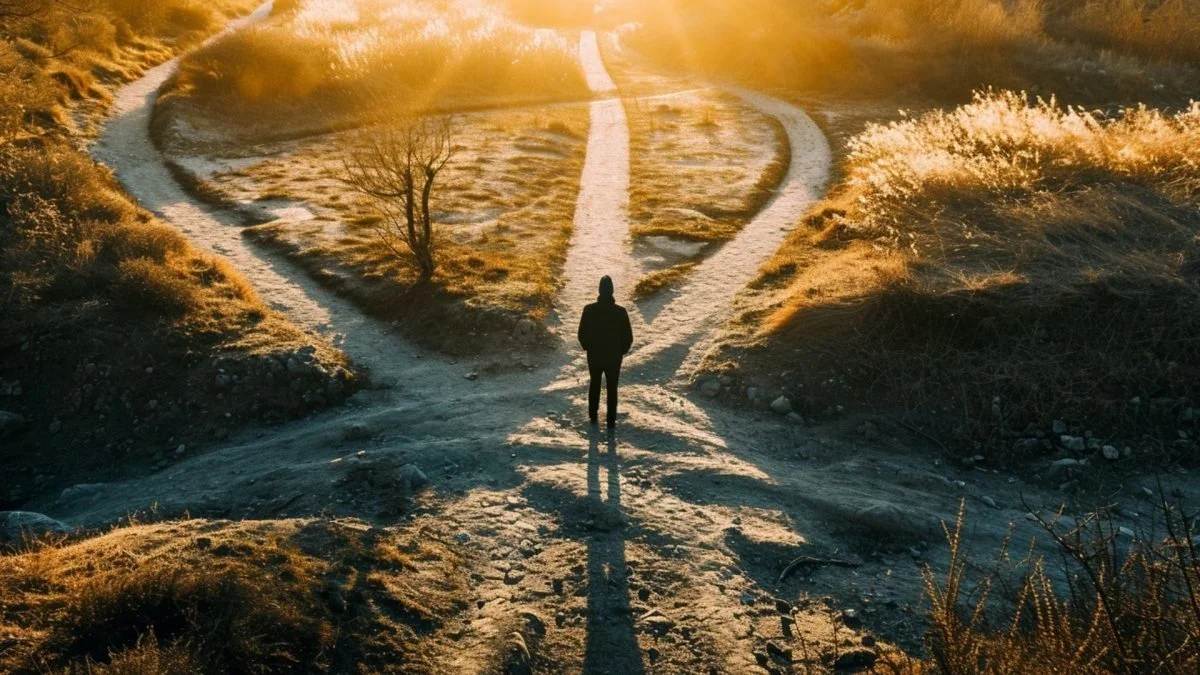 A person standing at a fork in a dirt road during sunset, with the sun casting long shadows and golden light on the landscape.