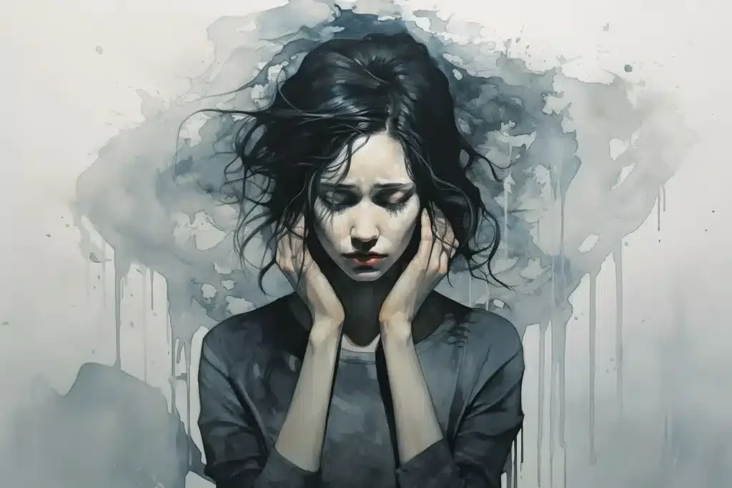 An emotional woman with dark, messy hair is holding her head with both hands, eyes closed, in a watercolor style with gray and blue tones.