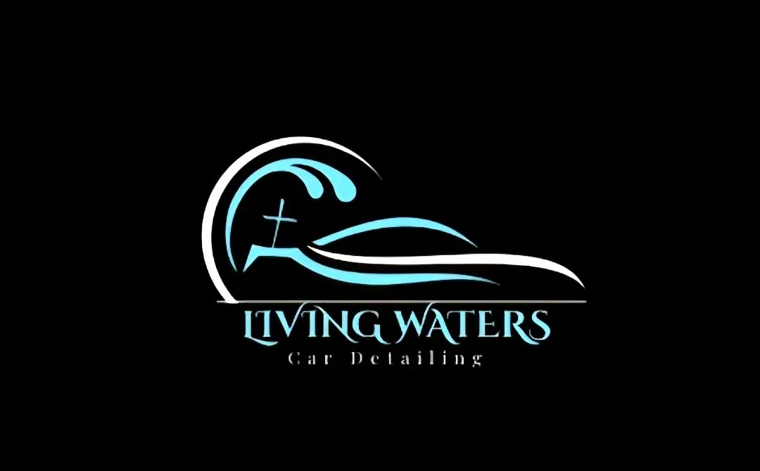 Logo for Living Waters Car Detailing featuring a stylized wave and a car silhouette with the brand name and tagline.