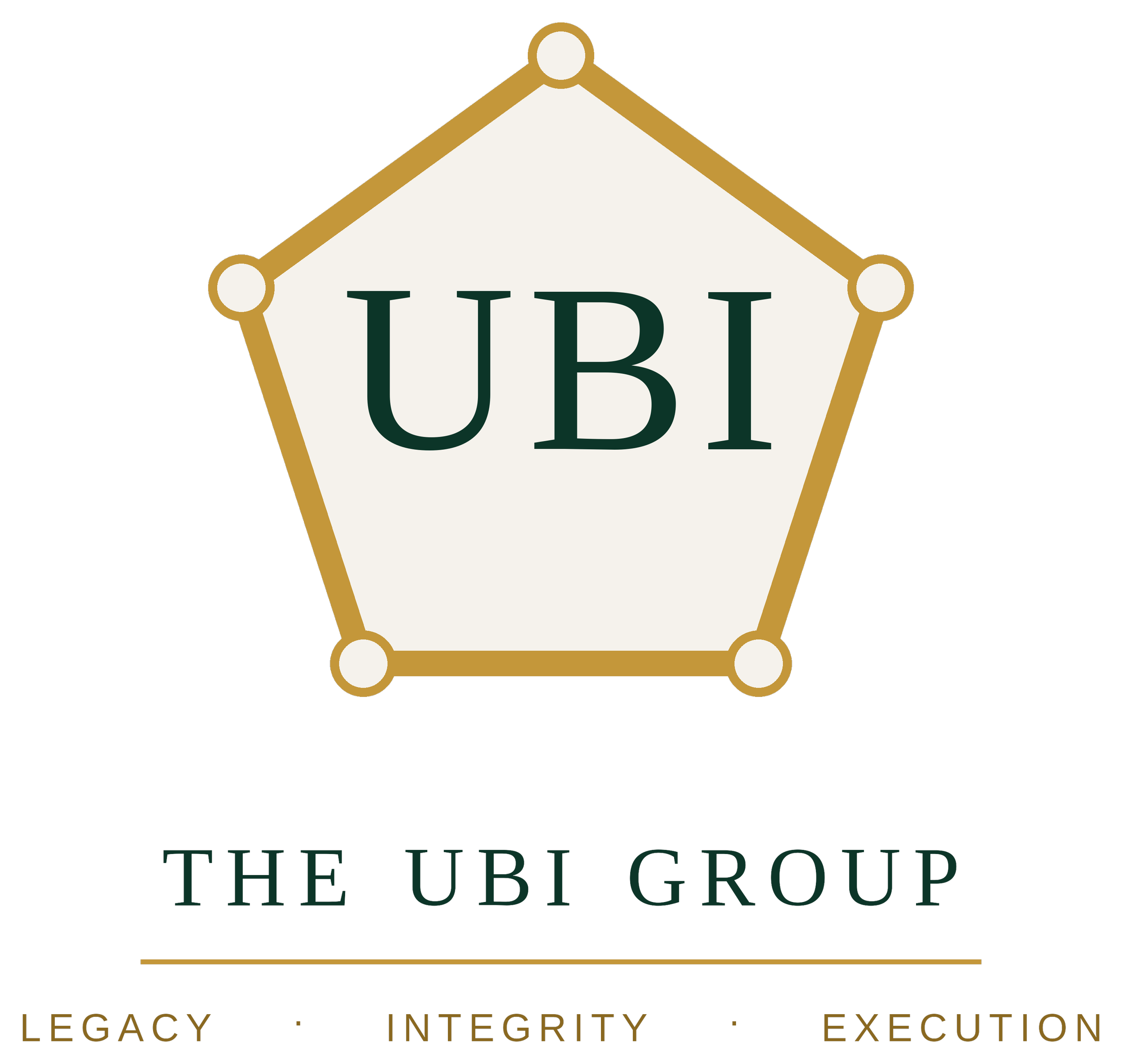 Logo for The UBI Group featuring a hexagon shape with gold outline and dark green text 'UBI'. Below, the words 'THE UBI GROUP' are written in uppercase with different words highlighted in yellow, blue, purple, and red.