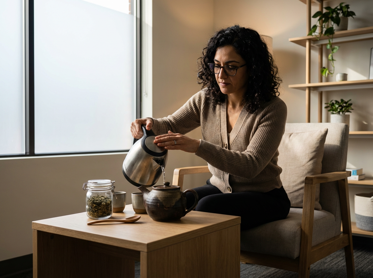 A woman with curly dark hair and glasses pours hot water from an electric kettle into a ceramic teapot on a wooden table. There are tea accessories, including a jar of dried herbs, on the table in a cozy, well-lit room with shelves and plants in the background.