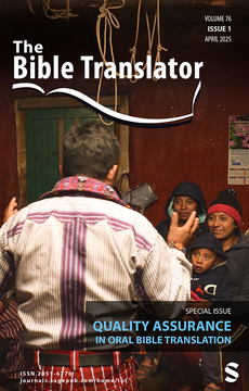 Cover of The Bible Translator magazine, April 2025 issue, featuring a man speaking to a group of people, with a red wall and posters in the background.