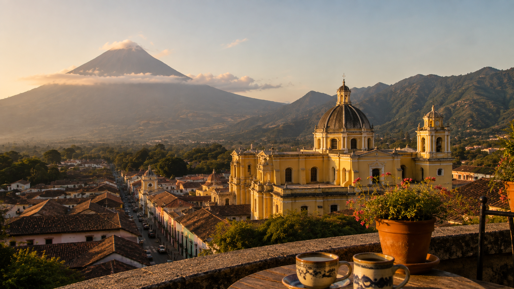 Antigua, Guatemala with Volcán de Agua rising behind the historic city
