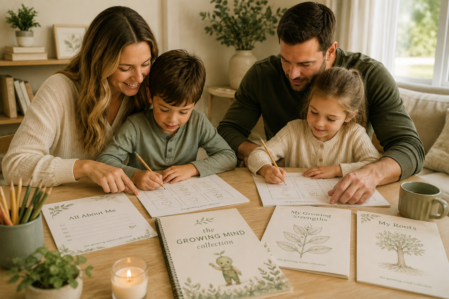 Family using The Growing Mind Collection printable activities together at home to build confidence, emotional skills, and meaningful connection through guided worksheets.