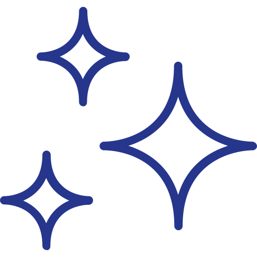 Graphic of three large and two small star-shaped sparkles in dark blue.