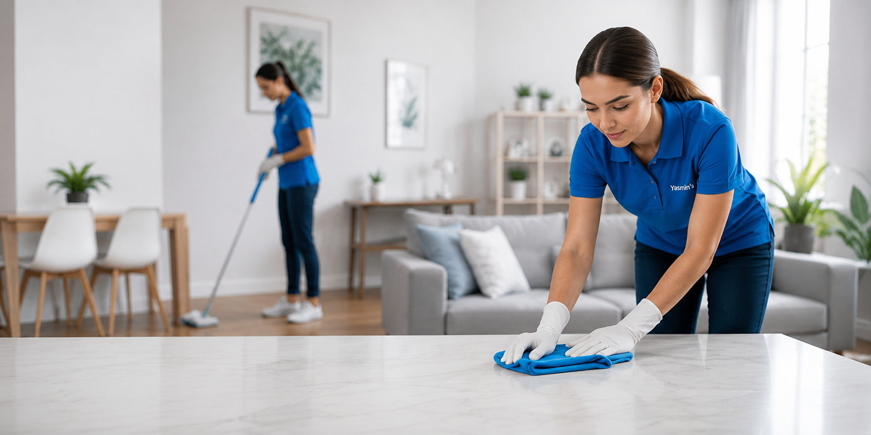 Two women wearing blue shirts and white gloves cleaning a living room; one is wiping a table with a cloth, and the other is vacuuming the floor.