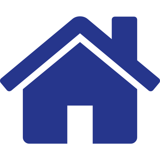 Blue house icon with a chimney and roof
