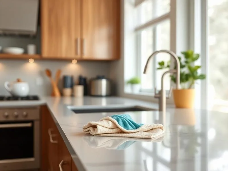 A kitchen countertop with a folded towel and a faucet, near a window with a potted plant.