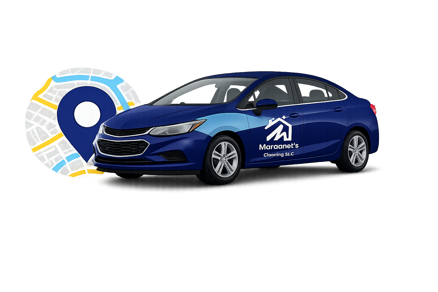 A blue sedan car with a Maraanet's logo and the text "Claiming:SLC" on the side, positioned in front of a large map pin icon, with a colorful, somewhat glitchy digital background.