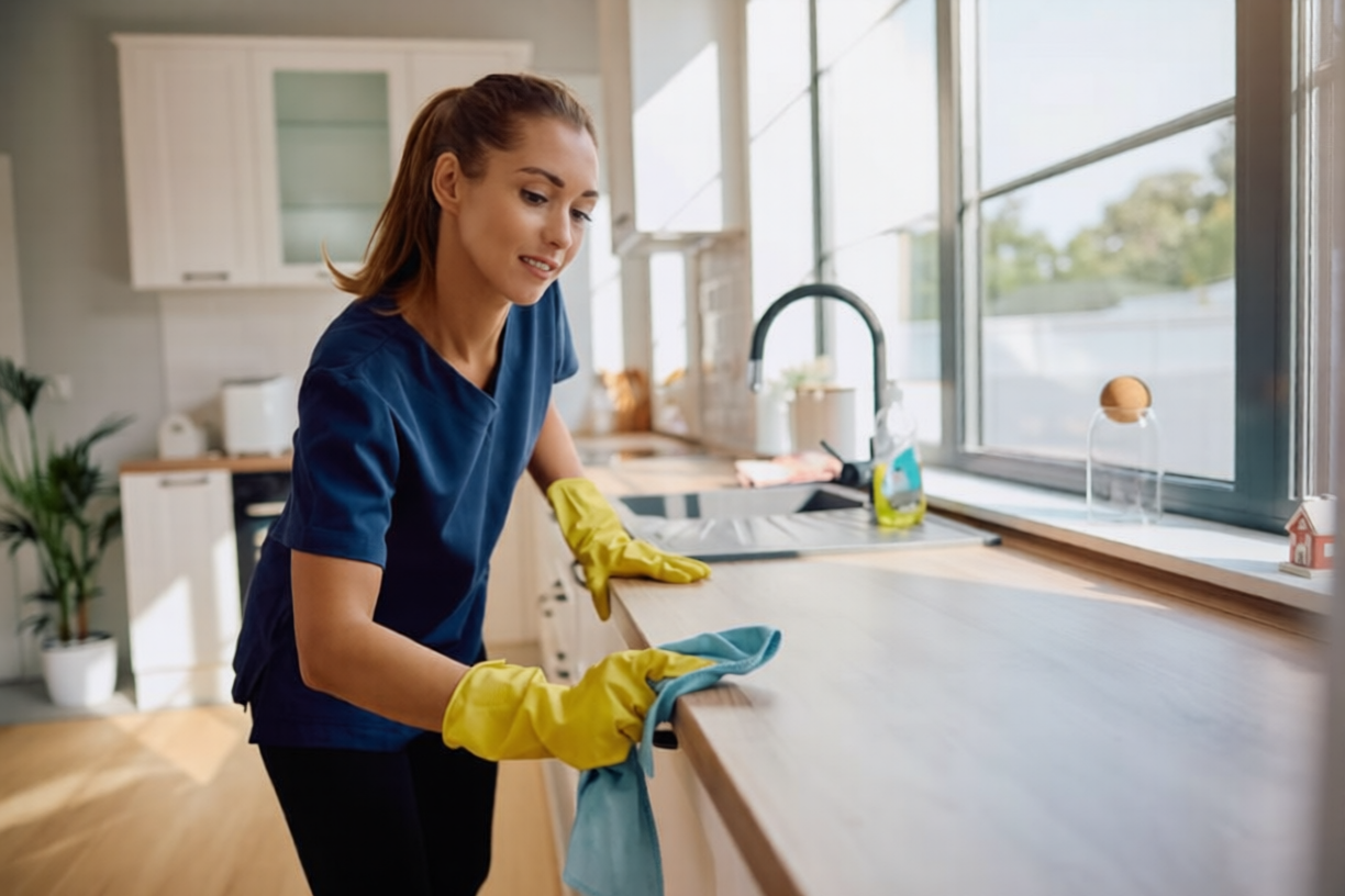 Woman cleaning kitchen countertop near window with yellow cleaning gloves and cloth.