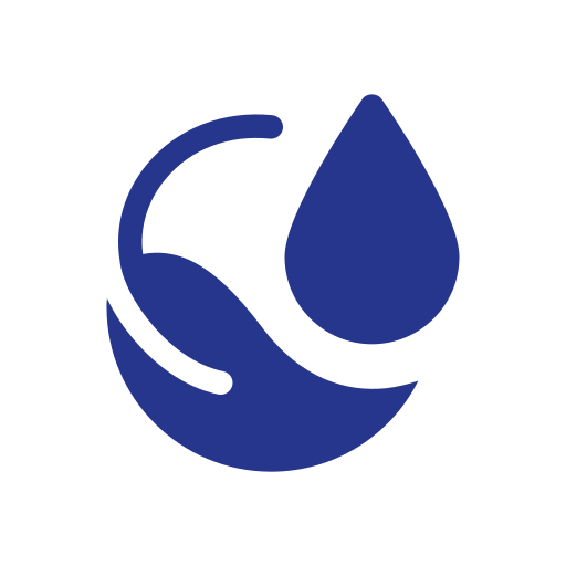 Water droplet with a hand symbol, indicating water conservation or saving water.