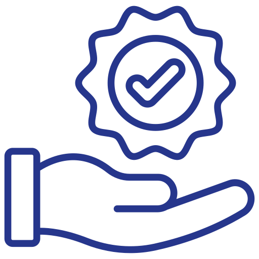 Outline of a hand holding a badge or medal with a checkmark inside.