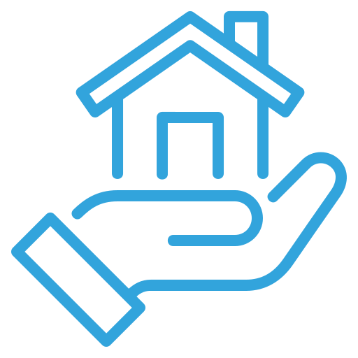 Blue outline icon of a hand holding a house.