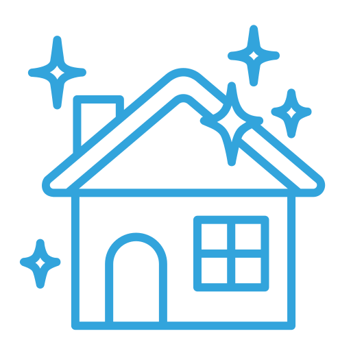 Line drawing of a house with a chimney, a window, and a door, surrounded by sparkles or stars.