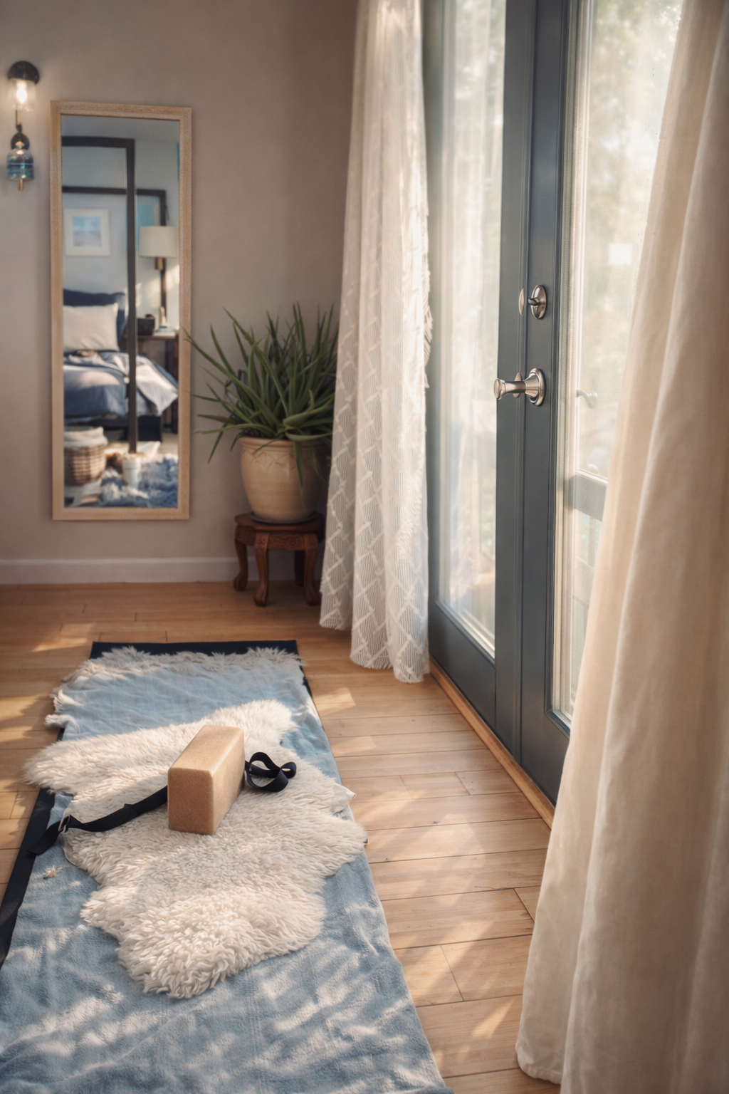 Yoga mat with a block and strap, situated near a sliding glass door with curtains, in a cozy room reflected in a mirror.